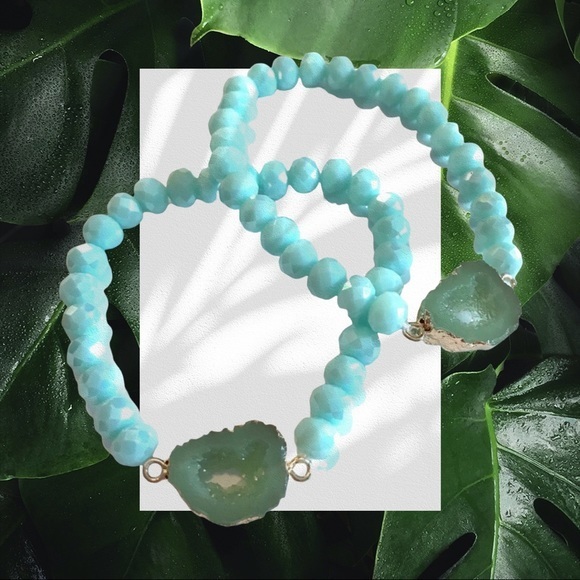 Beaded Druzy Stone Stretch Bracelet - Turquoise Blue / Mint - Picture 1 of 3